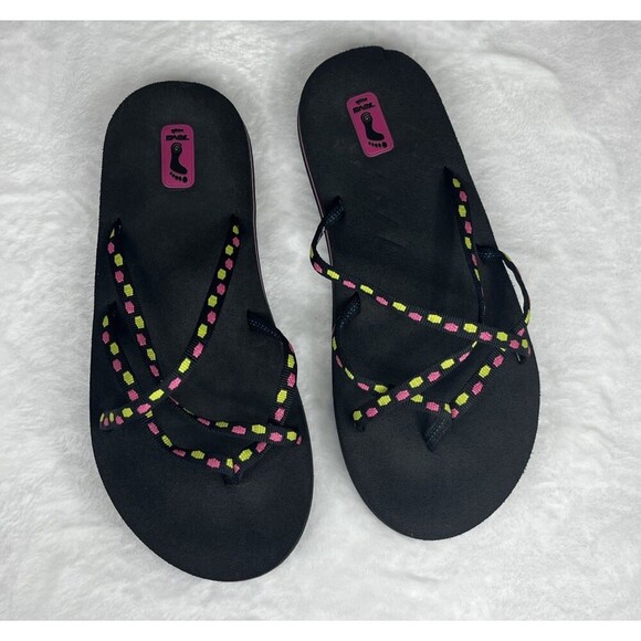 Teva Women's Flip Flops Sandal Black Pink Green Size 5 - Picture 2 of 7